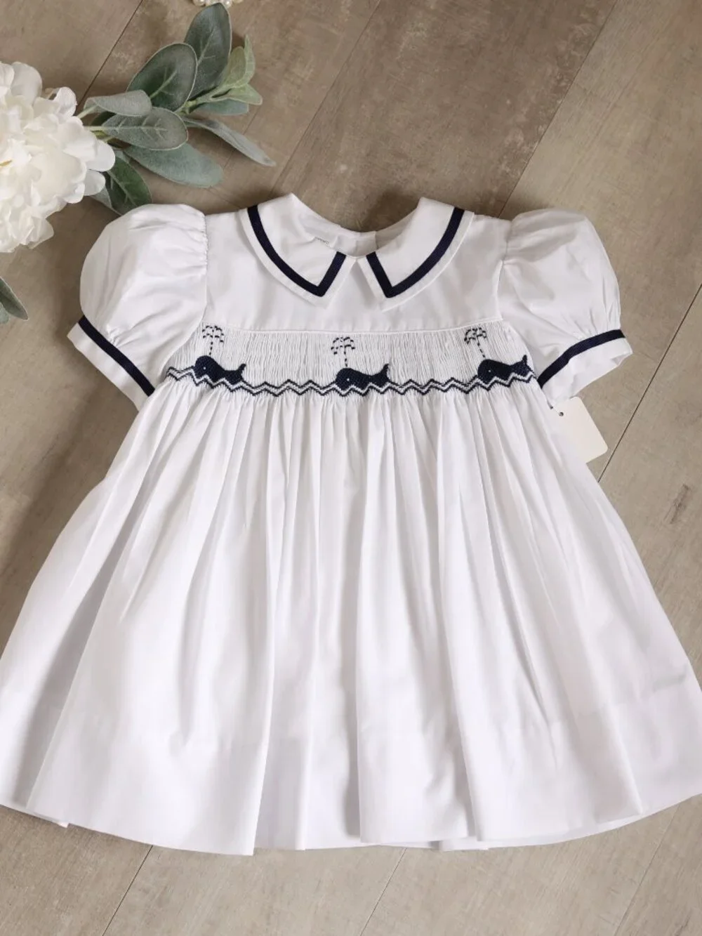 White Smocked Dress Navy Trim Nautical Sarah Louise 12 Months Vacation Cruise